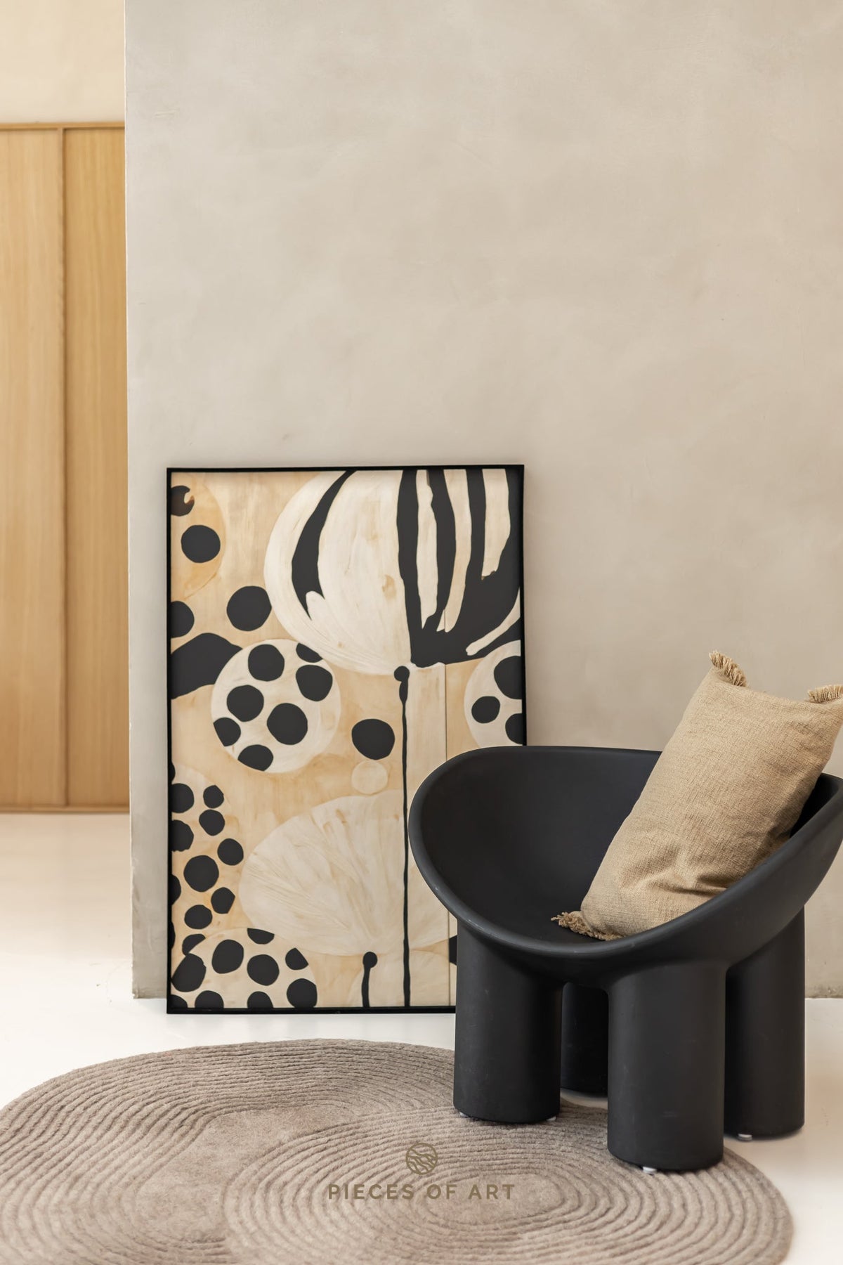 Sound-dampening wall panel, in a bedroom, minimalist