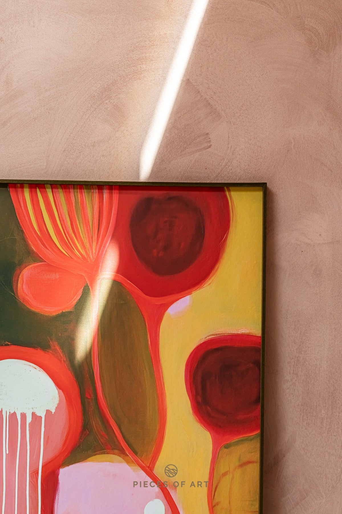Acoustic artwork, in a living room, that reduces echo